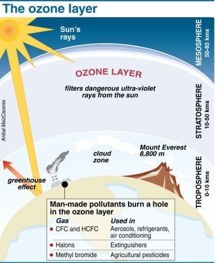 A factfile shows how manmade pollutants affect the ozone layer. An ozone hole five times the size of California opened over the Arctic this spring, matching ozone loss over Antarctica for the first time on record, scientists said on Sunday