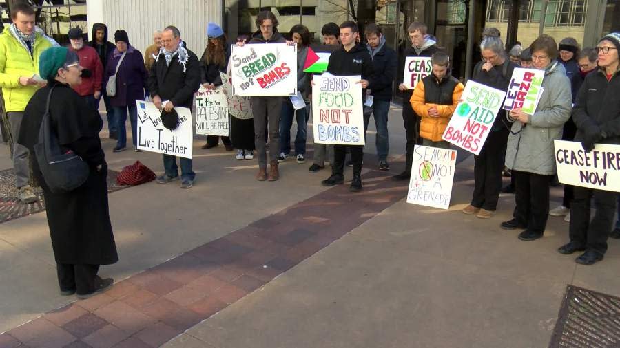 During a peaceful rally in downtown Wichita on March 27, 2024, participants call for a ceasefire in Gaza. (KSN News Photo)