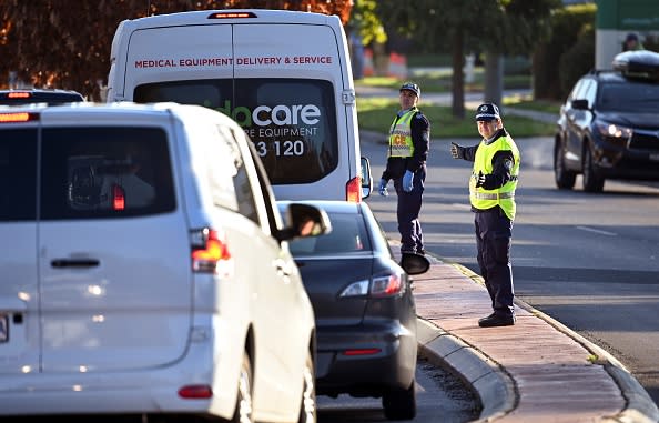 Police in the southern New South Wales (NSW) border city of Albury check cars crossing the state border from Victoria.