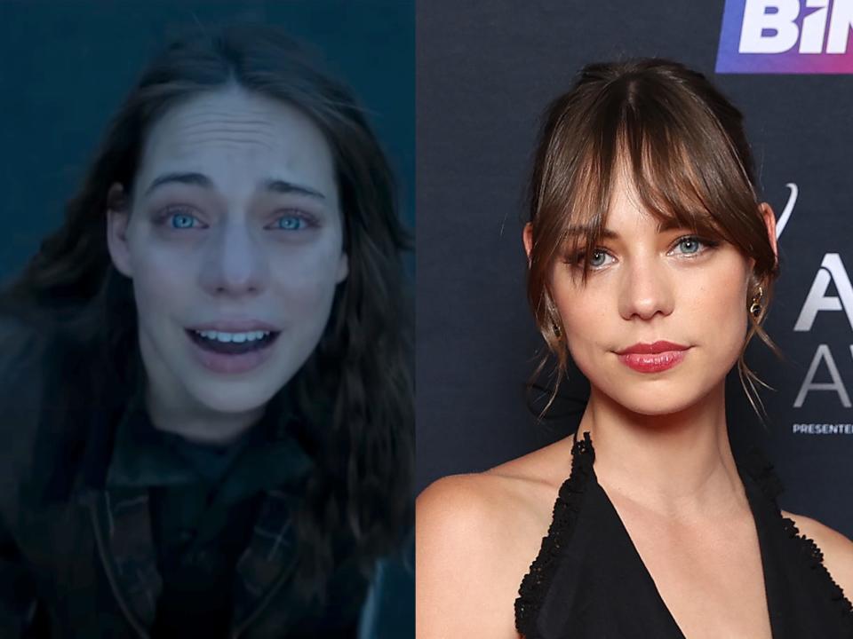 left: tatiana in 3 body problem, looking up towards the sky with a rapturous expression; right: marlo kelly on a red carpet, wearing a halter black dress and with bangs styled in front of her face