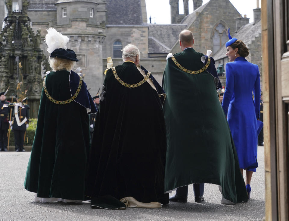 From left, Queen Camilla, Britain's King Charles III, Britain's Prince William and Kate, Princess of Wales, stand at the Palace of Holyroodhouse, after the National Service of Thanksgiving and Dedication for King Charles III and Queen Camilla, and the presentation of the Honours of Scotland, in Edinburgh, Wednesday July 5, 2023. Two months after the lavish coronation of King Charles III at Westminster Abbey in London, Scotland is set to host its own event to mark the new monarch’s accession to the throne. (Yui Mok/Pool Photo via AP)