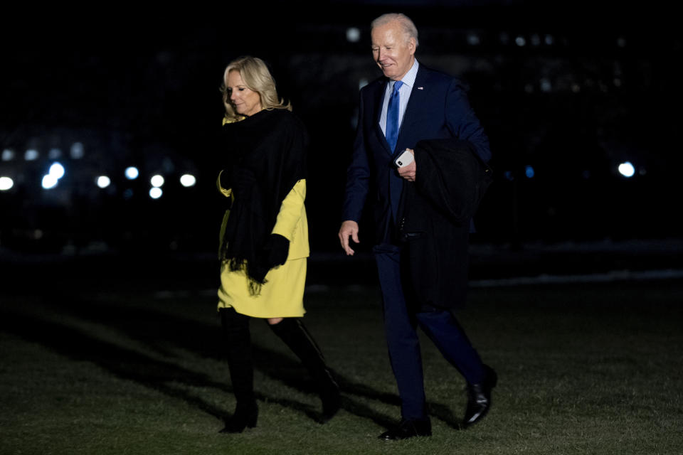 President Joe Biden and first lady Jill Biden arrive at the White House in Washington, Tuesday, Jan. 23, 2024, after traveling to Manassas, Va., for a campaign event. (AP Photo/Andrew Harnik)