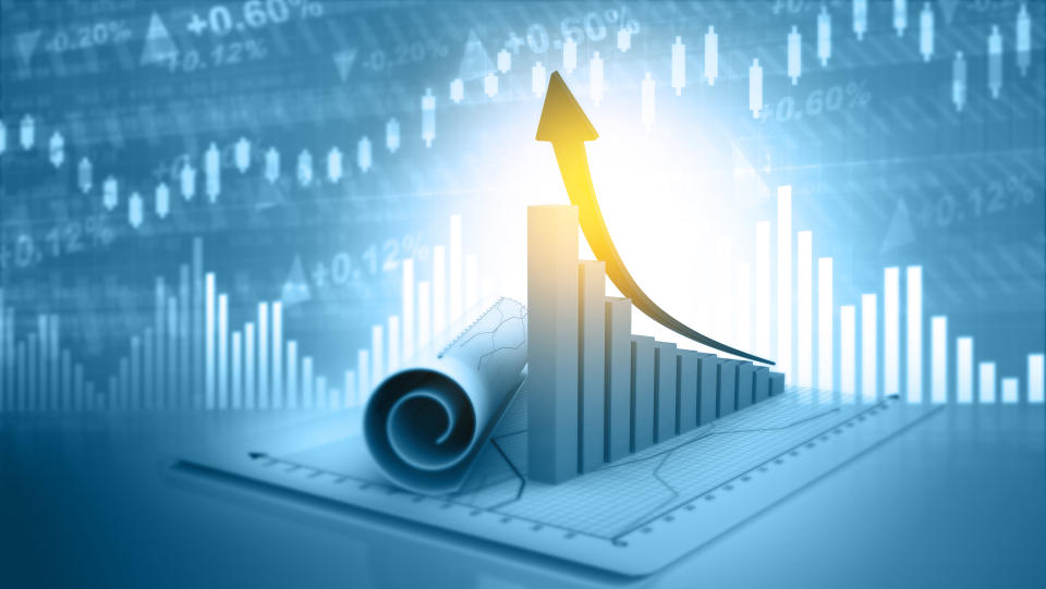 Stock Market Graphs and Bar Charts With Arrow Pointing Up