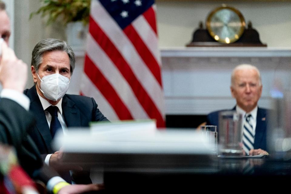 Secretary of State Antony Blinken is visible as President Joe Biden holds a virtual meeting. 