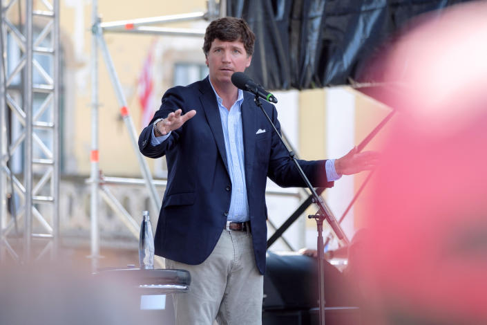 Tucker Carlson speaks during the Mathias Corvinus Collegium Feszt in 2021 in Hungary.