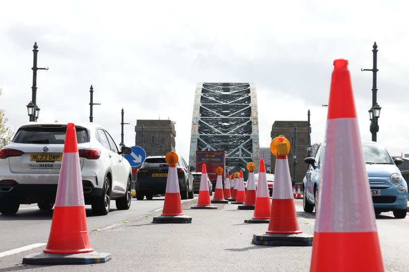 Roadworks reducing traffic to a single lane in each direction on the Tyne Bridge between Newcastle and Gateshead