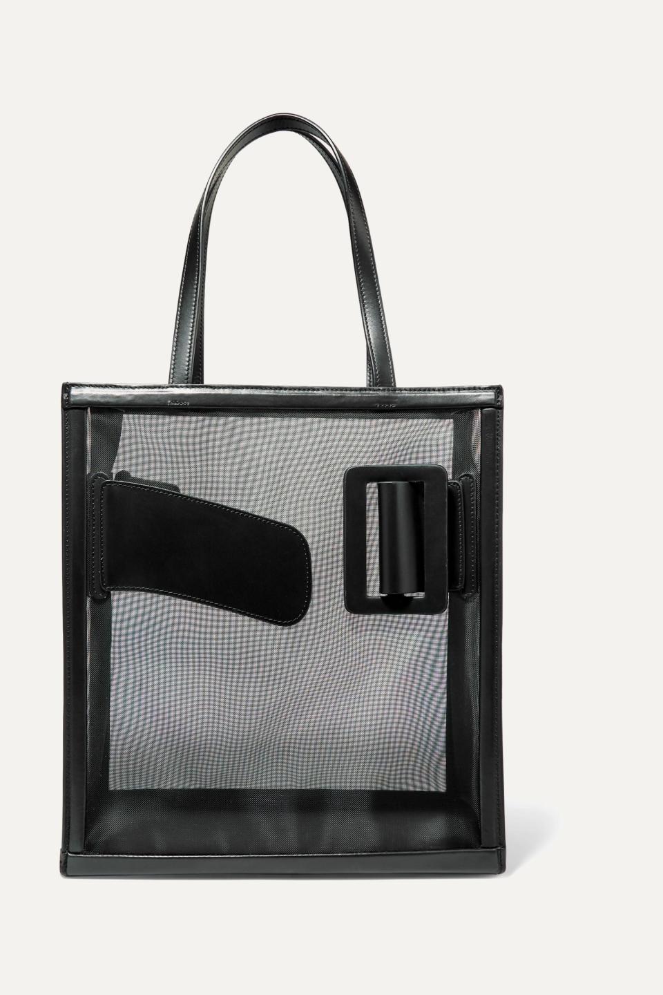 8) Frame buckled leather and mesh tote