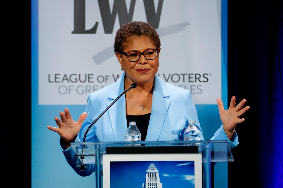 Rep. Karen Bass speaks during a mayoral debate at the Student Union Theater on the California State University, Los Angeles campus on May 1, 2022.