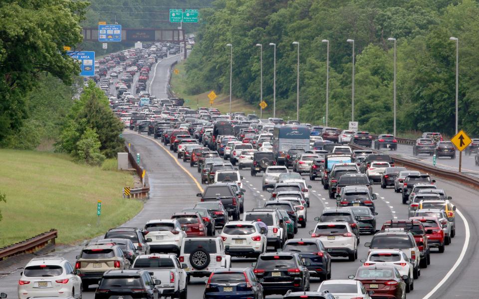 Traffic slows along the Garden State Parkway north of the Rt 138 overpass in Wall Township at about 1230pm Monday, May 27, 2024.