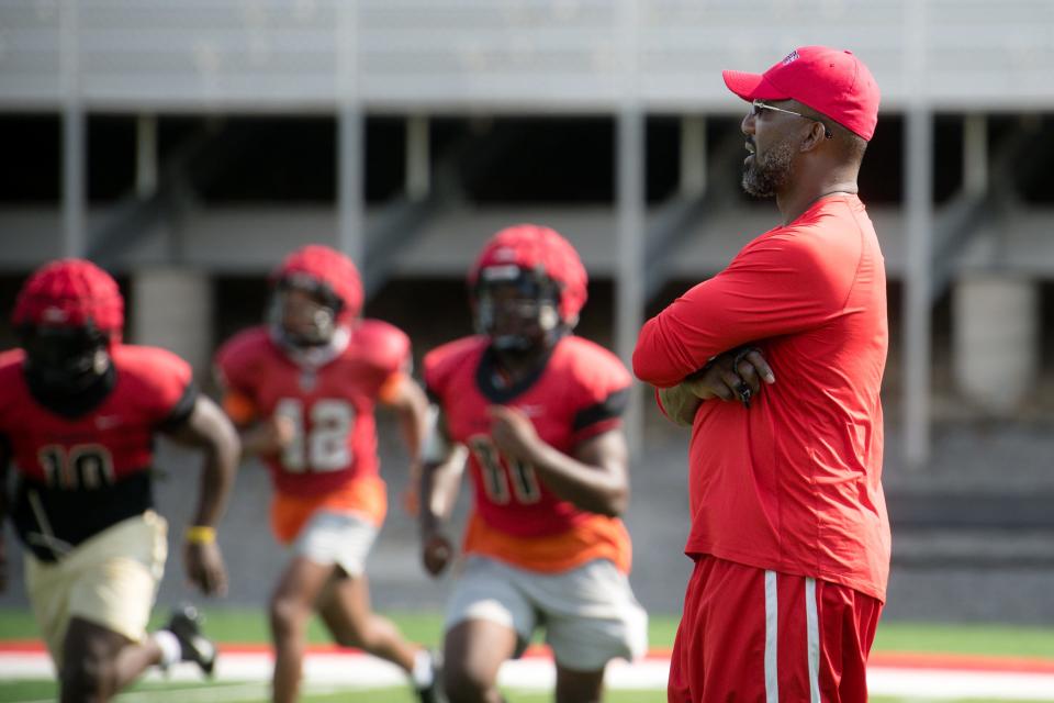 Coach Mike Warfield observes his players during heat acclimation week, August 8th, 2023.