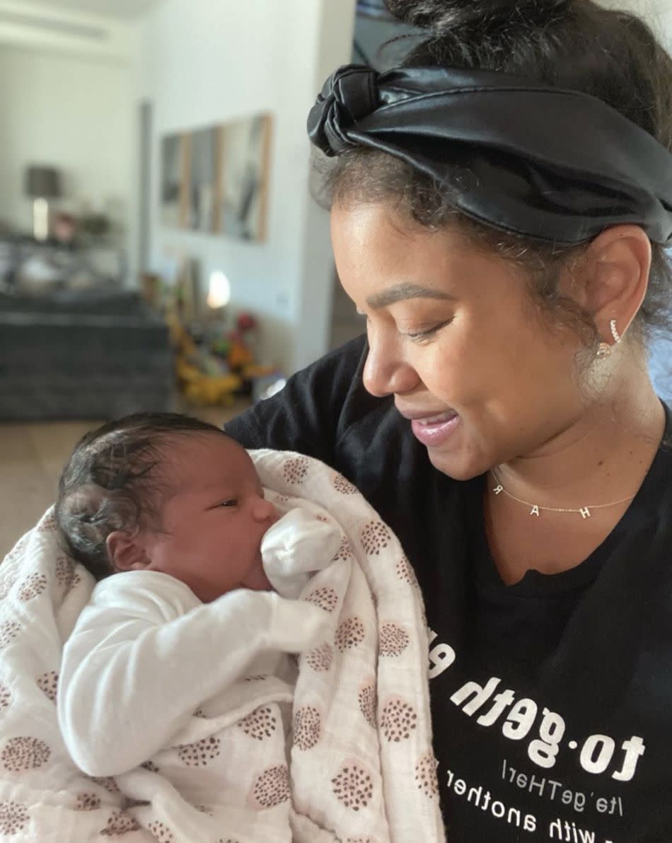 Eniko Hart shared the first photo on Monday with newborn Kaori Mai after giving birth last week, Sept. 29, 2020. "when your heart literally lives outside of your body all over again. Ori my girl you are everything i could’ve ever imagined plus more."