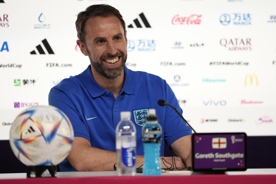 England manager Gareth Southgate speaks to the media during a press conference at the Qatar National Convention Center on the eve of the group B soccer match between England and the United States, in Doha, Qatar, Thursday, Nov. 24, 2022. (AP Photo/Abbie Parr)