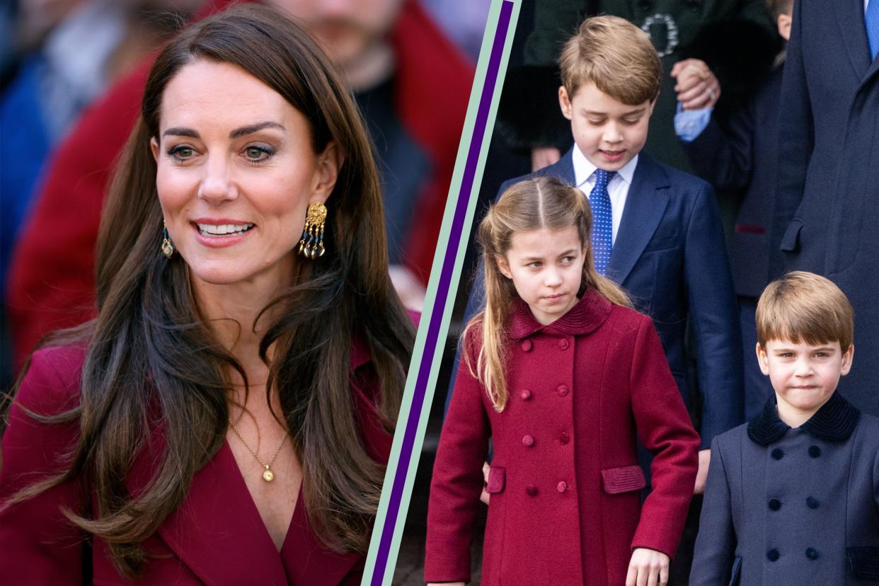  Kate Middleton split layout with Prince George, Princess Charlotte, Prince Louis. 