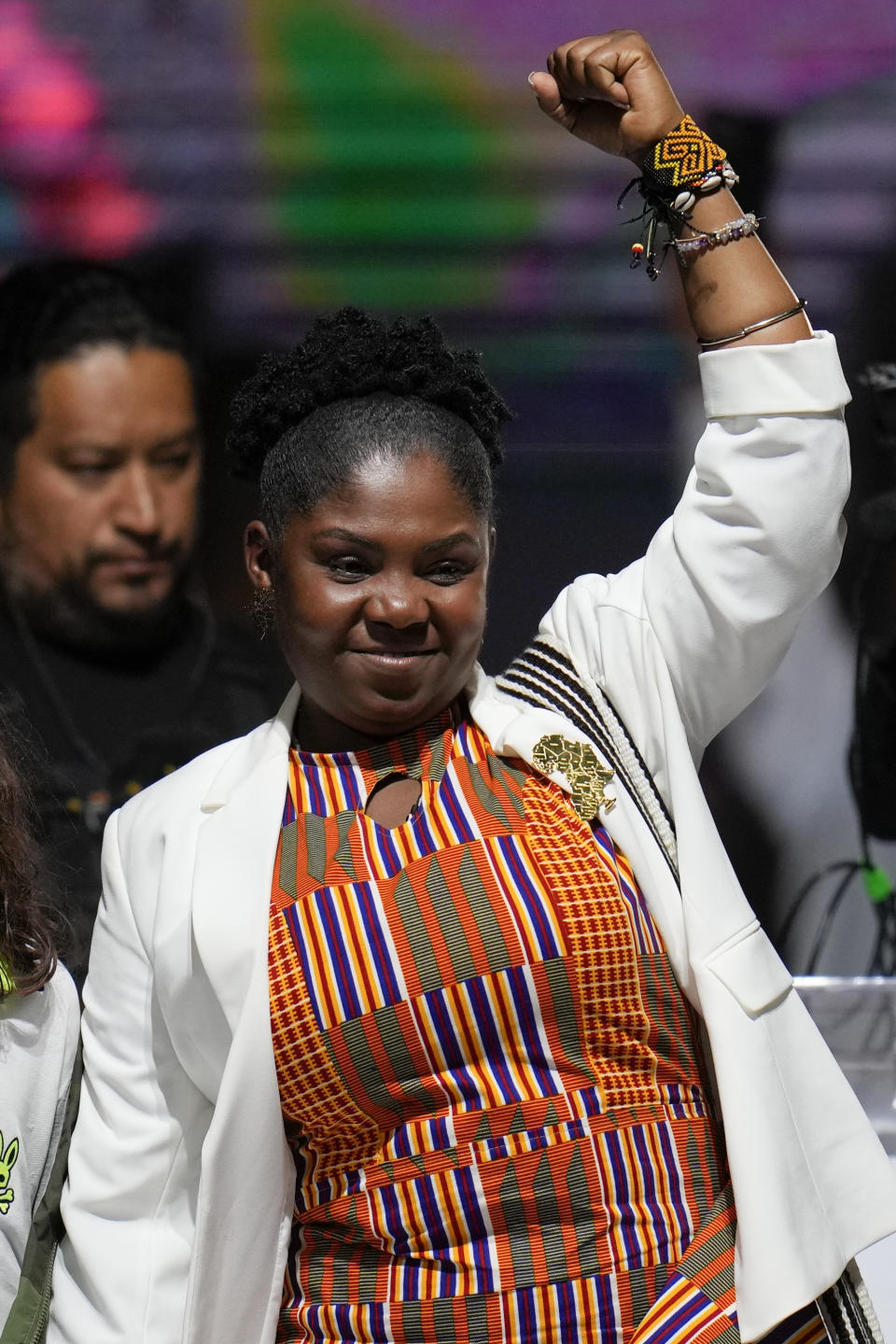 Francia Marquez, the running mate of former rebel Gustavo Petro, celebrates before supporters after they won a runoff presidential election in Bogota, Colombia, Sunday, June 19, 2022. (AP Photo/Fernando Vergara)