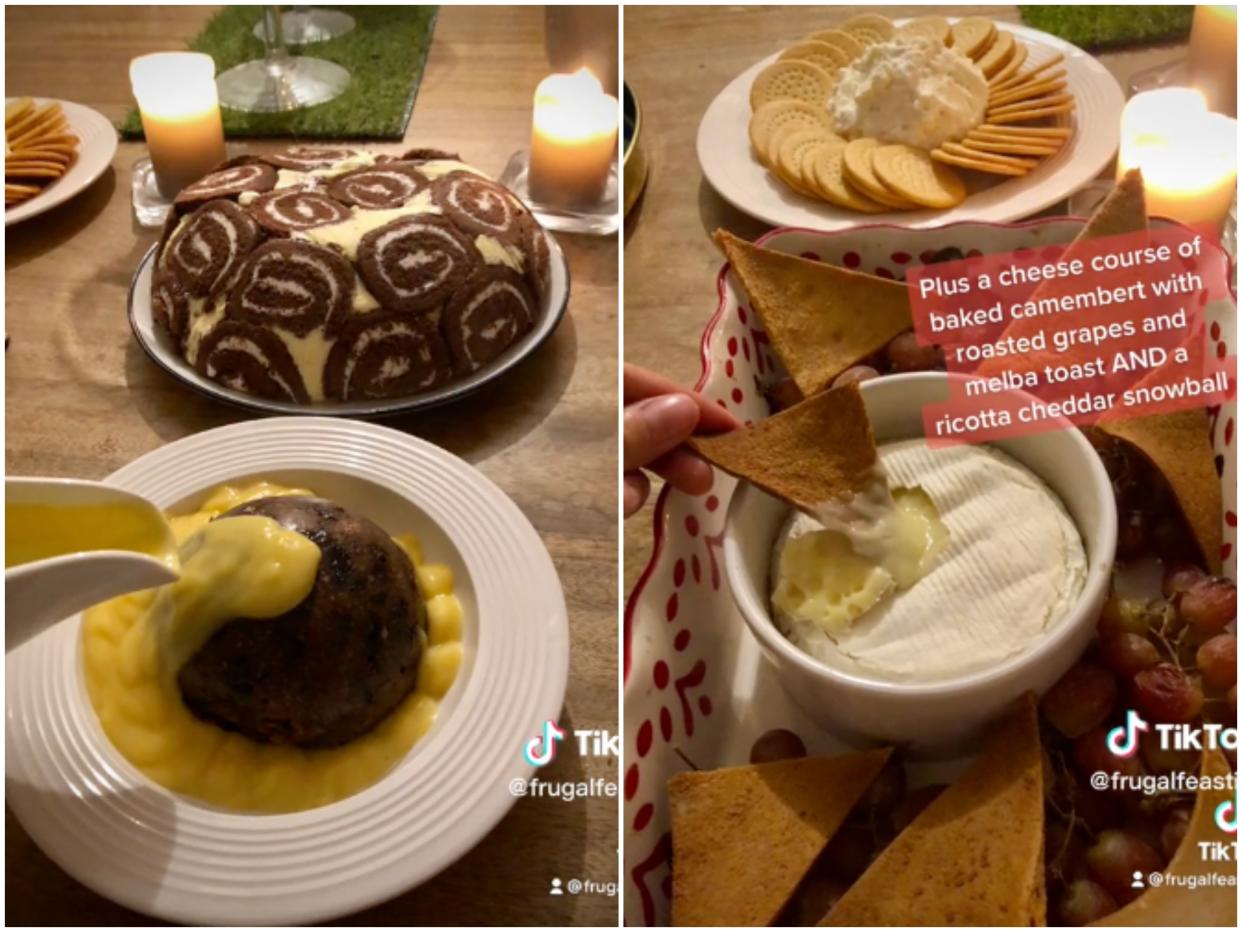 The dinner includes two pudding options and a cheese platter. (TikTok/@frugalfeasting)