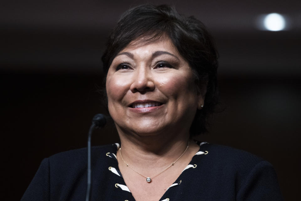 FILE - Regina Rodriguez, nominated to be a U.S. district judge for the District of Colorado, speaks during a Senate Judiciary Committee hearing on pending judicial nominations, April 28, 2021, on Capitol Hill in Washington. (Tom Williams/Pool via AP, File)