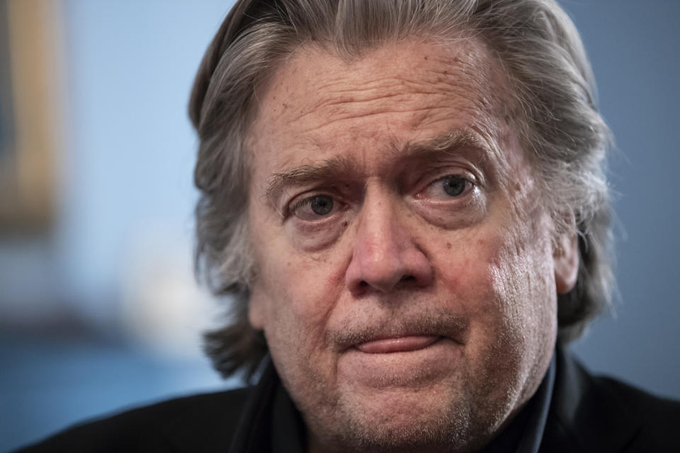 In this file photo from Sunday, Aug. 19, 2018, Steve Bannon, President Donald Trump's former chief strategist, talks about the approaching midterm election during an interview with The Associated Press, in Washington. The special congressional committee investigating the Jan. 6 insurrection has set a vote for Tuesday to recommend criminal contempt charges against Bannon after he defied the panel's subpoena. (AP Photo/J. Scott Applewhite, file)