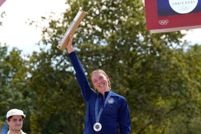 Silver medallist Haley Batten, of United States, poses during the podium ceremony for the women's mountain bike cycling event, at the 2024 Summer Olympics, Sunday, July 28, 2024, in Elancourt, France. | George Walker IV