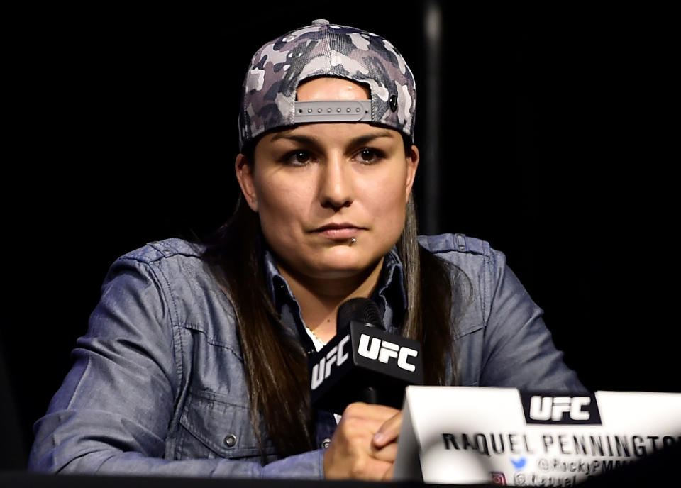 Raquel Pennington interacts with media during the UFC press conference inside Barclays Center on April 6, 2018 in Brooklyn, New York. (Getty)