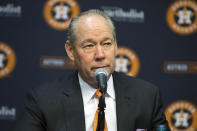 Houston Astros owner Jim Crane speaks at a news conference in Houston, Monday, Jan. 13, 2020. Crane opened the news conference by saying manager AJ Hinch and general manager Jeff Luhnow were fired for the team's sign-stealing during its run to the 2017 World Series title. (Yi-Chin Lee/Houston Chronicle via AP)