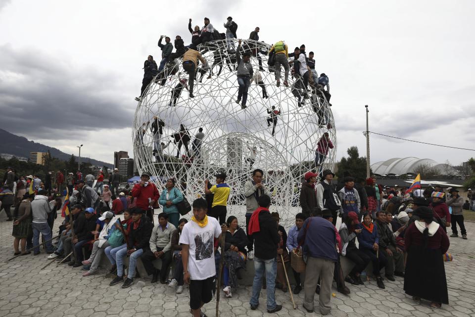 Anti-government demonstrators gather in El Arbolito Park to march against President Lenin Moreno and his economic policies in Quito, Ecuador, Tuesday, Oct. 8, 2019. The protests, which began when Moreno’s decision to cut subsidies led to a sharp increase in fuel prices, have persisted for days and clashes led the president to move his besieged administration out of Quito. (AP Photo/Fernando Vergara)