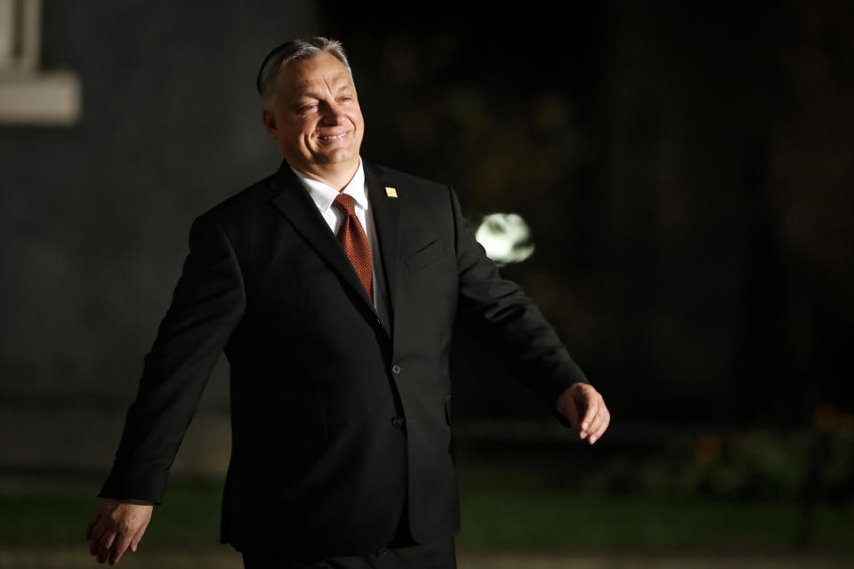 FILE - In this Tuesday, Dec. 3, 2019, file photo, Hungarian Prime Minister Viktor Orban arrives for a reception for NATO leaders at 10 Downing Street in London. Hungary's prime minister says that his country won a “very important battle” at the European Union summit this week, where national leaders of the 27-member bloc decided an seven-year budget and economic recovery package to counter the effects of the coronavirus pandemic. (AP Photo/Frank Augstein, File)