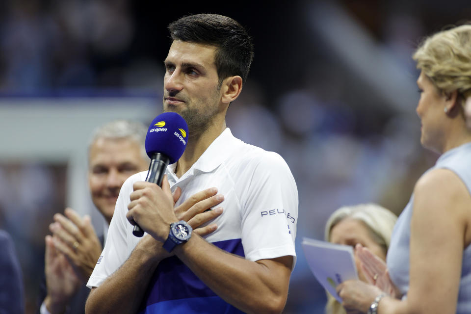 Novak Djokovic (pictured) speaks to the crowd after losing the US Open final.