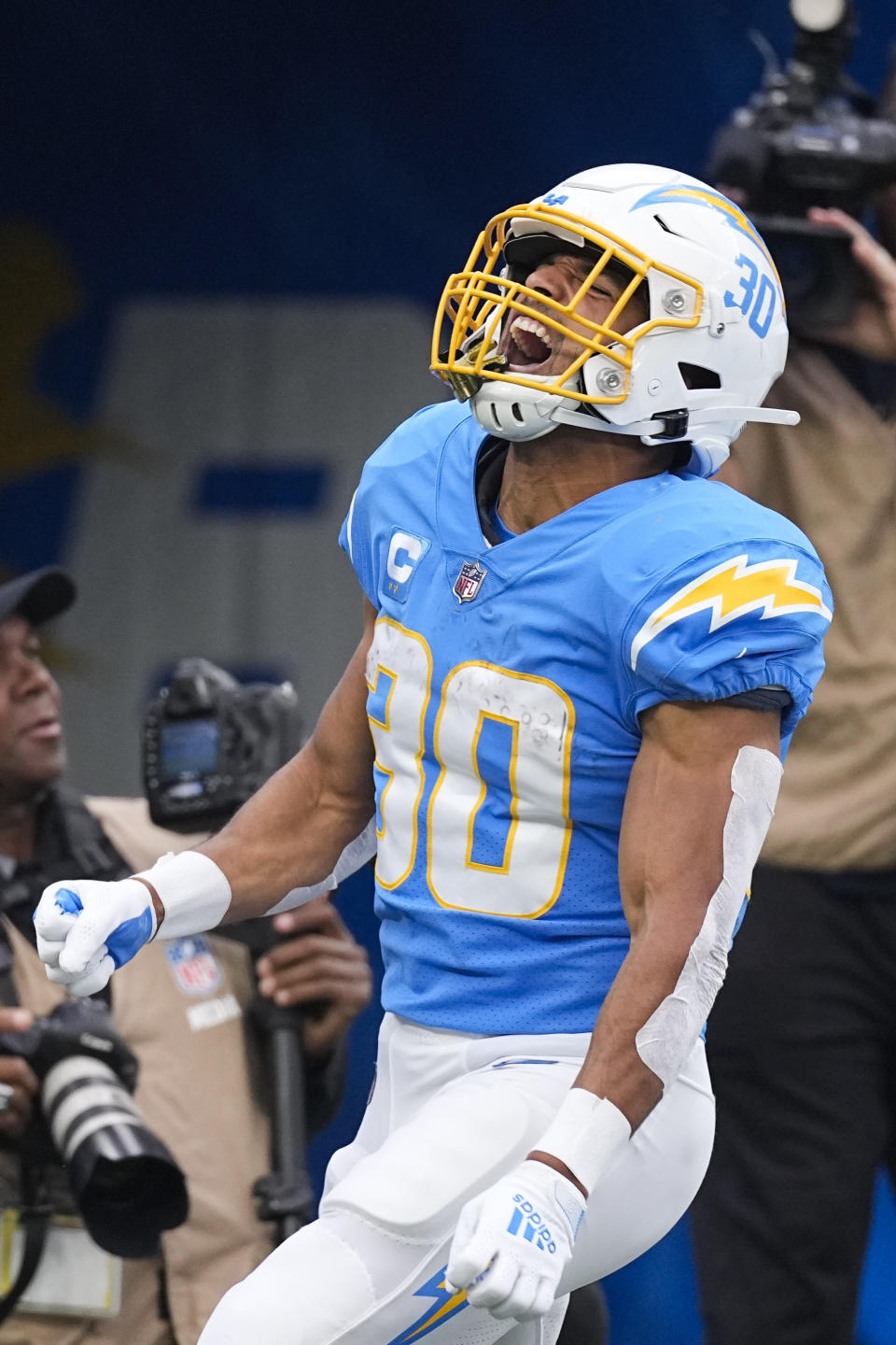 Los Angeles Chargers running back Austin Ekeler celebrates his touchdown against the Los Angeles Rams during the first half of an NFL football game Sunday, Jan. 1, 2023, in Inglewood, Calif. (AP Photo/Mark J. Terrill)