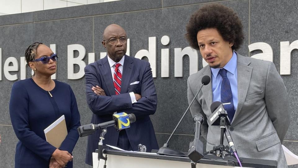 <div class="inline-image__caption"><p>Eric André speaks at a news conference outside the federal courthouse in Atlanta on Tuesday, Oct. 11, 2022, as his attorneys Allegra Lawrence-Hardy, left, and Richard Deane watch. </p></div> <div class="inline-image__credit">Kate Brumback/AP</div>