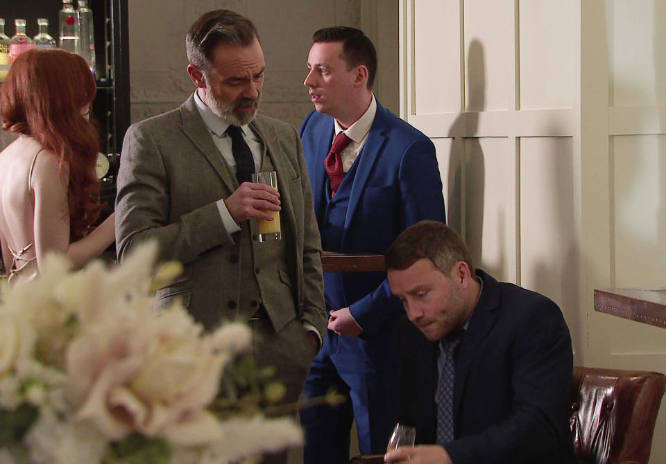 FROM ITV

STRICT EMBARGO -  No Use Before Tuesday 21st March 2023

Coronation Street - Ep 1091213

Monday 27th March 2023

As Paul Foreman [PETER ASH] picks up a glass of champagne in his left hand, Billy Mayhew [DANIEL BROCKLEBANK] can see that heâ€™s worried. Paul admits that heâ€™s spent every penny of the loan and has no idea how heâ€™s going to pay it off.

Picture contact - David.crook@itv.com

This photograph is (C) ITV and can only be reproduced for editorial purposes directly in connection with the programme or event mentioned above, or ITV plc. This photograph must not be manipulated [excluding basic cropping] in a manner which alters the visual appearance of the person photographed deemed detrimental or inappropriate by ITV plc Picture Desk. This photograph must not be syndicated to any other company, publication or website, or permanently archived, without the express written permission of ITV Picture Desk. Full Terms and conditions are available on the website www.itv.com/presscentre/itvpictures/terms
