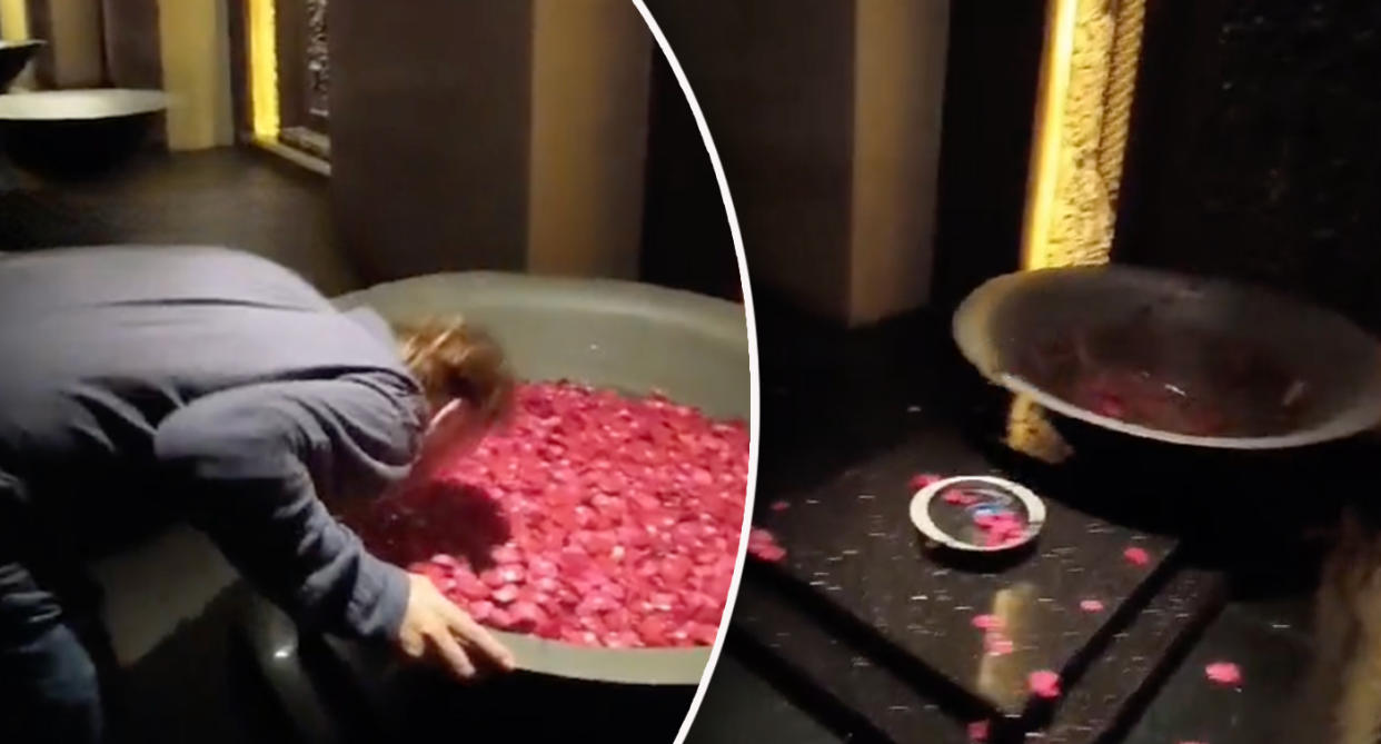 The tourist bending over holding the decorative water bowl with his hands as he attempts to dip his face into it (left) and the water tipping onto him (right). 