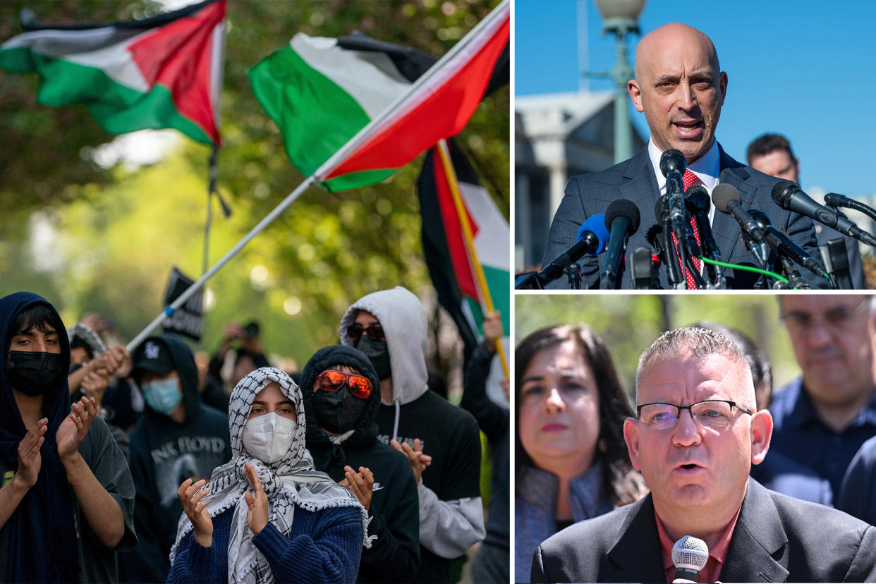 Masked Palestine protesters at left; top right, ADL CEO Jonathan Greenblatt speaking at mics; bottom right, Staten Island Assemblyman Michael Reilly