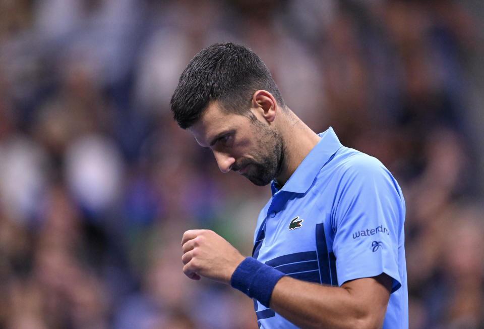 NEW YORK, NEW YORK - AUGUST 30: Novak Djokovic of Serbia in action against Alexei Popyrin of the Australia during their Men's Singles match on Day Five of the 2024 US Open at USTA Billie Jean King National Tennis Center on August 30, 2024 in the Flushing neighborhood of the Queens borough of New York City. (Photo by Fatih Aktas/Anadolu via Getty Images)