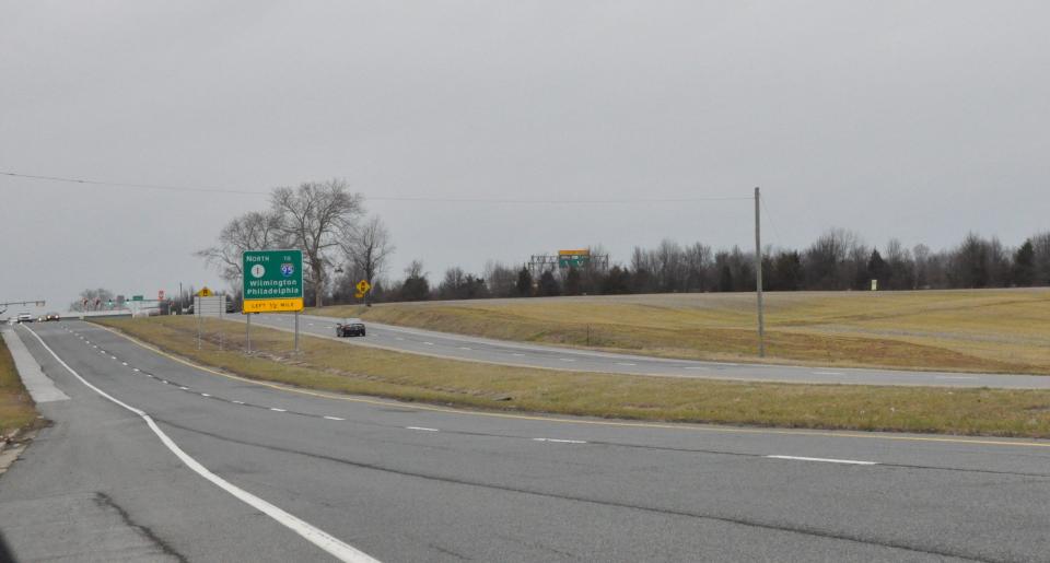 This is the southern end of a proposed commercial development on northbound Route 13 at right near the Hyetts Corner Road stoplight. It's about three miles south of St. Georges, as drivers approach the left exit lane to turn from northbound Route 13 onto Route 1 at the Biddles Corner toll plaza.