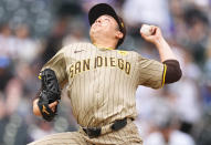 San Diego Padres relief pitcher Yuki Matsui works against the Colorado Rockies in the seventh inning of a baseball game Thursday, April 25, 2024, in Denver. (AP Photo/David Zalubowski)