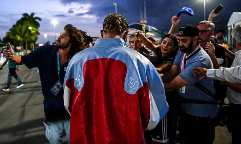 Lewis Hamilton meets with fans at the Miami Grand Prix earlier this year.