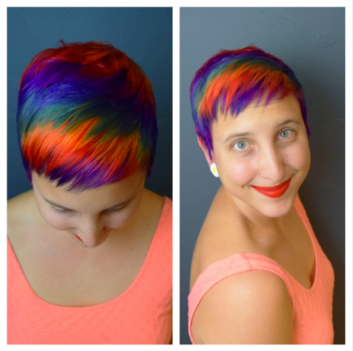 Two views of the author's rainbow hair