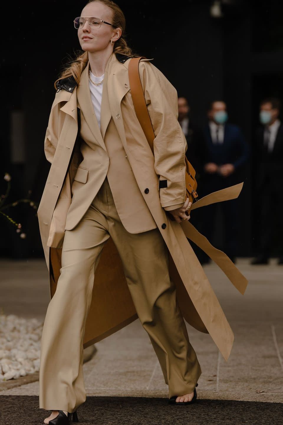 <p>A great slouchy suit brings that insouciance you're looking for in a work wardrobe—it's pulled together but not too serious. Then top it all off with a perfect trench coat.</p>