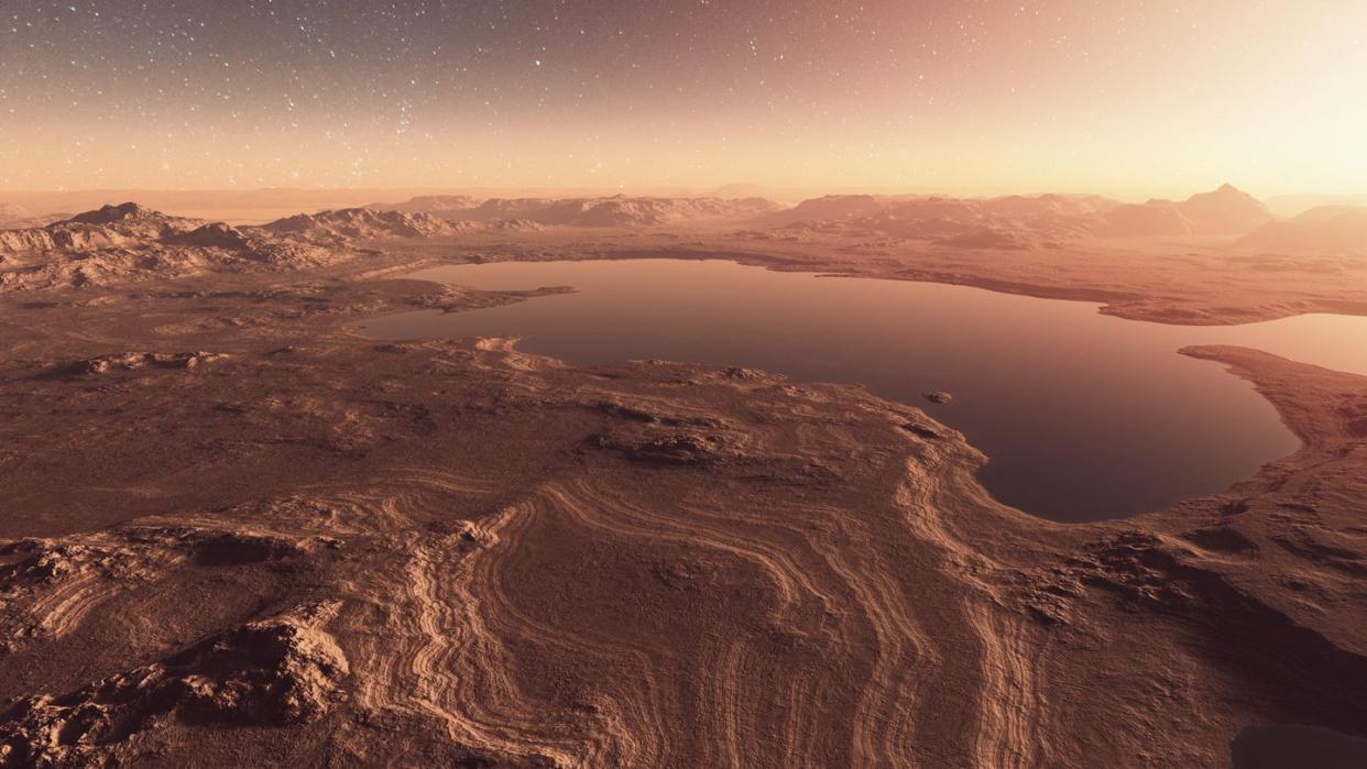 martian landscape with lakes, water