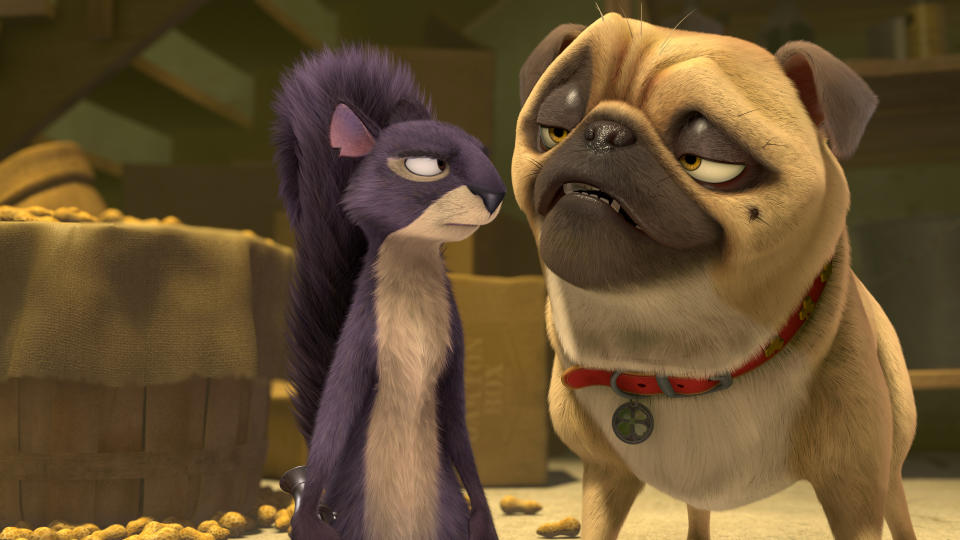 This image released by Open Road Films shows Surly, voiced by Will Arnett, left, and Precious the Pug, voiced by Maya Rudolph, in a scene from "The Nut Job." (AP Photo/Open Road Films)