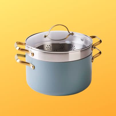 A stock pot with a steamer insert