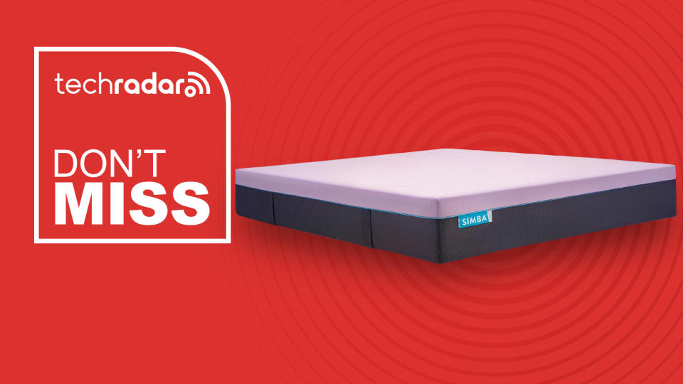  A Simba Hybrid Pro mattress against a red background with a badge saying "Don't miss". 