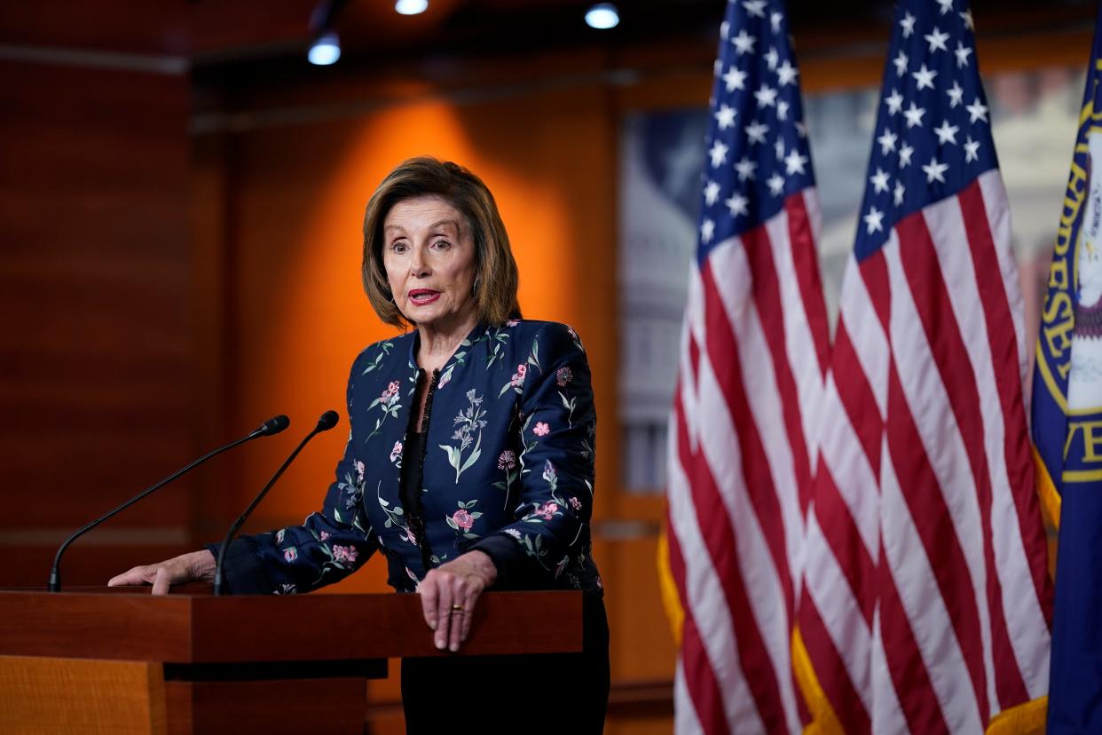 Speaker Nancy Pelosi at a press conference in the Capitol. (Copyright 2021 The Associated Press. All rights reserved)