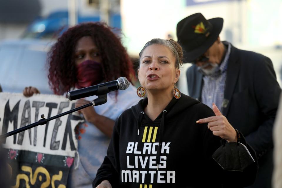 Melina Abdullah, co-founder of Black Lives Matter Los Angeles along with other organizations, holds a press conference on Feb. 1, 2023, in Los Angeles. (Photo by Gary Coronado / Los Angeles Times via Getty Images)