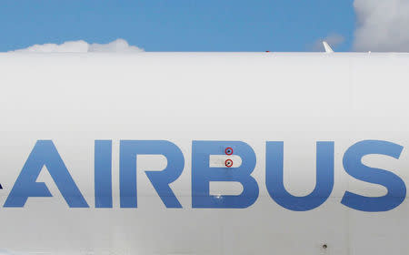FILE PHOTO - The logo of Airbus is seen on a Beluga transport plane belonging to Airbus in Colomiers near Toulouse, France, September 26, 2017. REUTERS/Regis Duvignau/File Photo