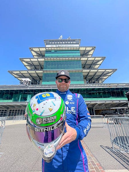 Conor Daly, driver of the No. 20 Ed Carpenter Racing entry for Sunday’s (May 28) Indianapolis 500, will carry the Purdue Global logo with him on his helmet as he goes for the checkered flag.