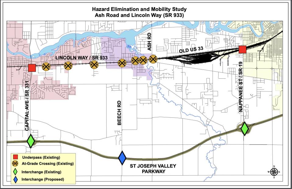 This map shows at-grade railroad crossings at and near the St. Joseph-Elkhart county line.