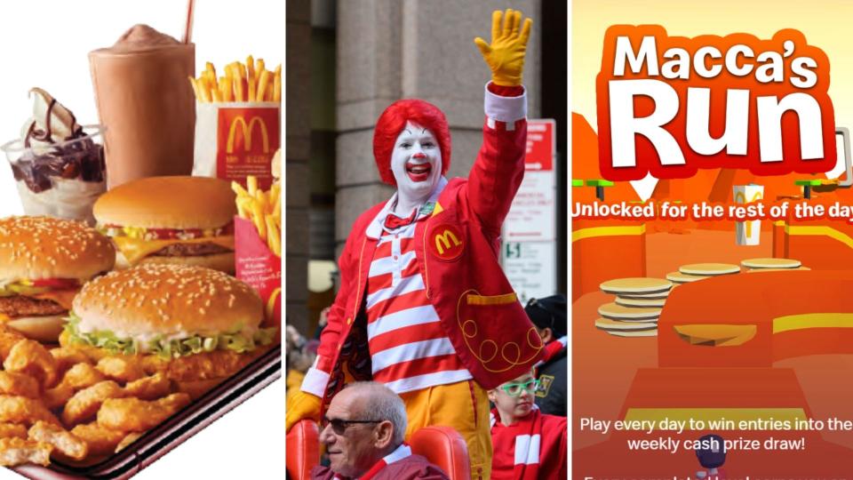 McDonald's food the left, Ronald McDonald waving in the centre and a screenshot of the Macca's Run game on the right.