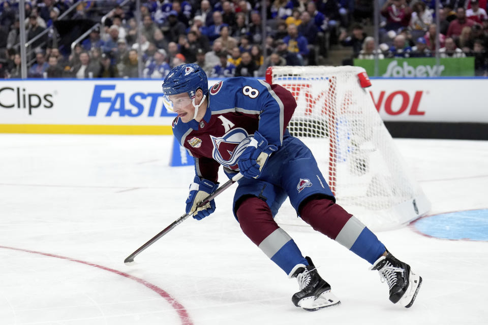 Colorado Avalanche's Cale Makar competes during the NHL All-Star hockey skills competition, Friday, Feb. 2, 2024 in Toronto. (Nathan Denette/The Canadian Press via AP)