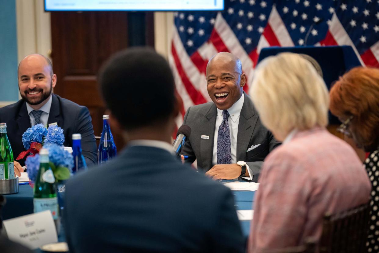 New York City Mayor Eric Adams convenes a meeting of Mayors Against Illegal Guns to discuss tools for combating gun violence in Manhattan, New York on Wednesday, July 20, 2022. 